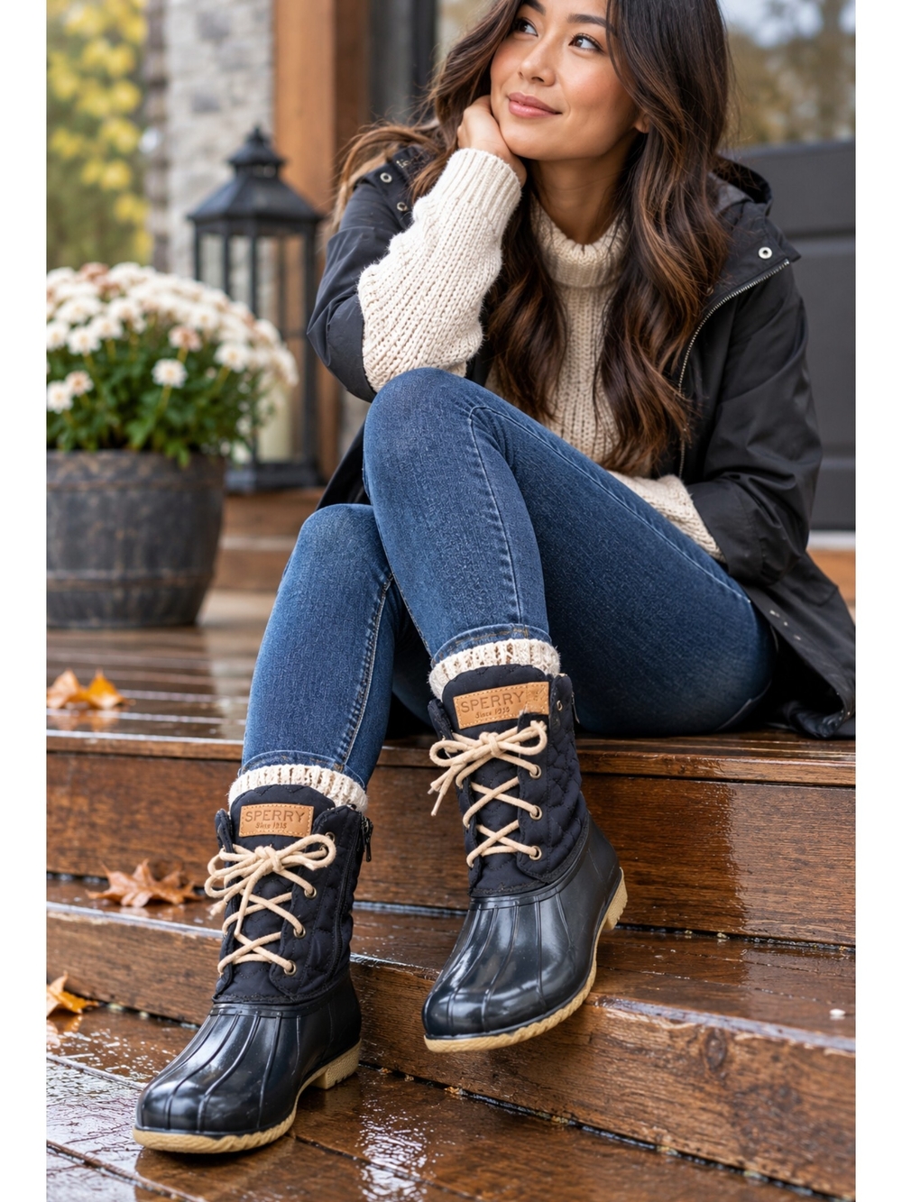 Sperry Black & Tan Lace-Up Winter Duck Boots with Knit Cuff